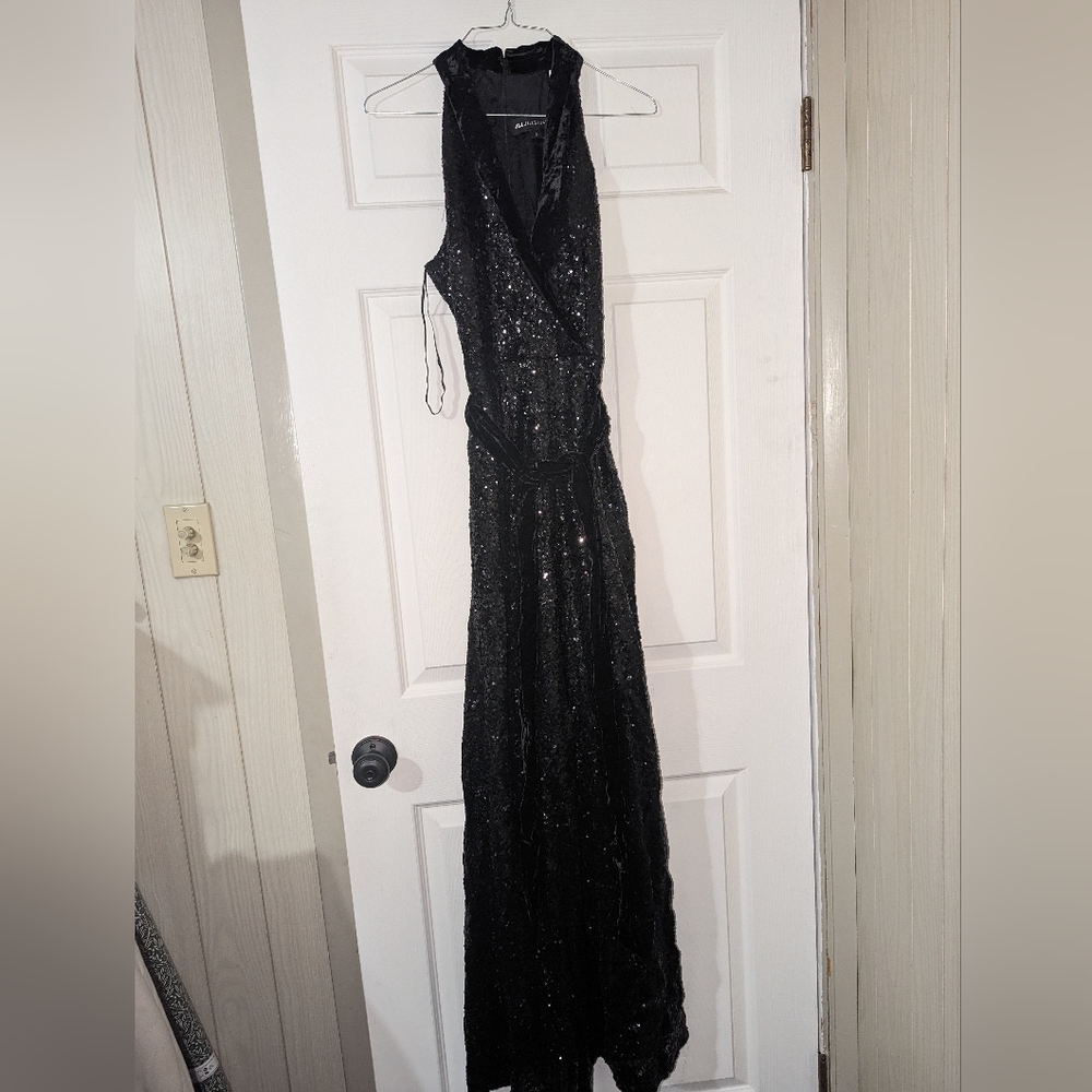 Black sequin Jumpsuit with velvet lapel and belt from Jill Stuart size 0
